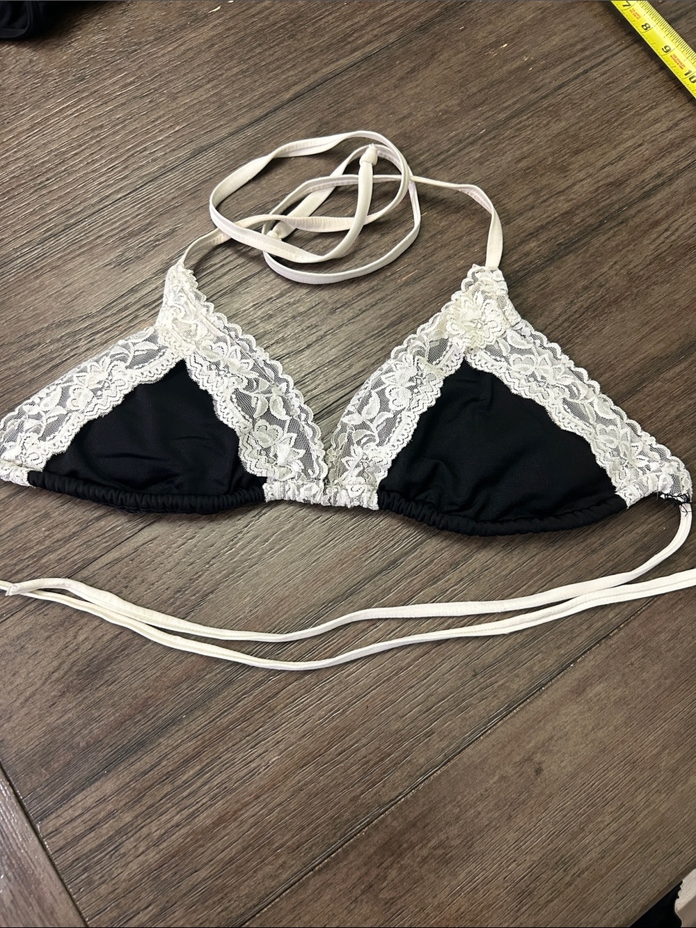 Lace-Trim Triangle Bikini Top - Black with Cream Lace